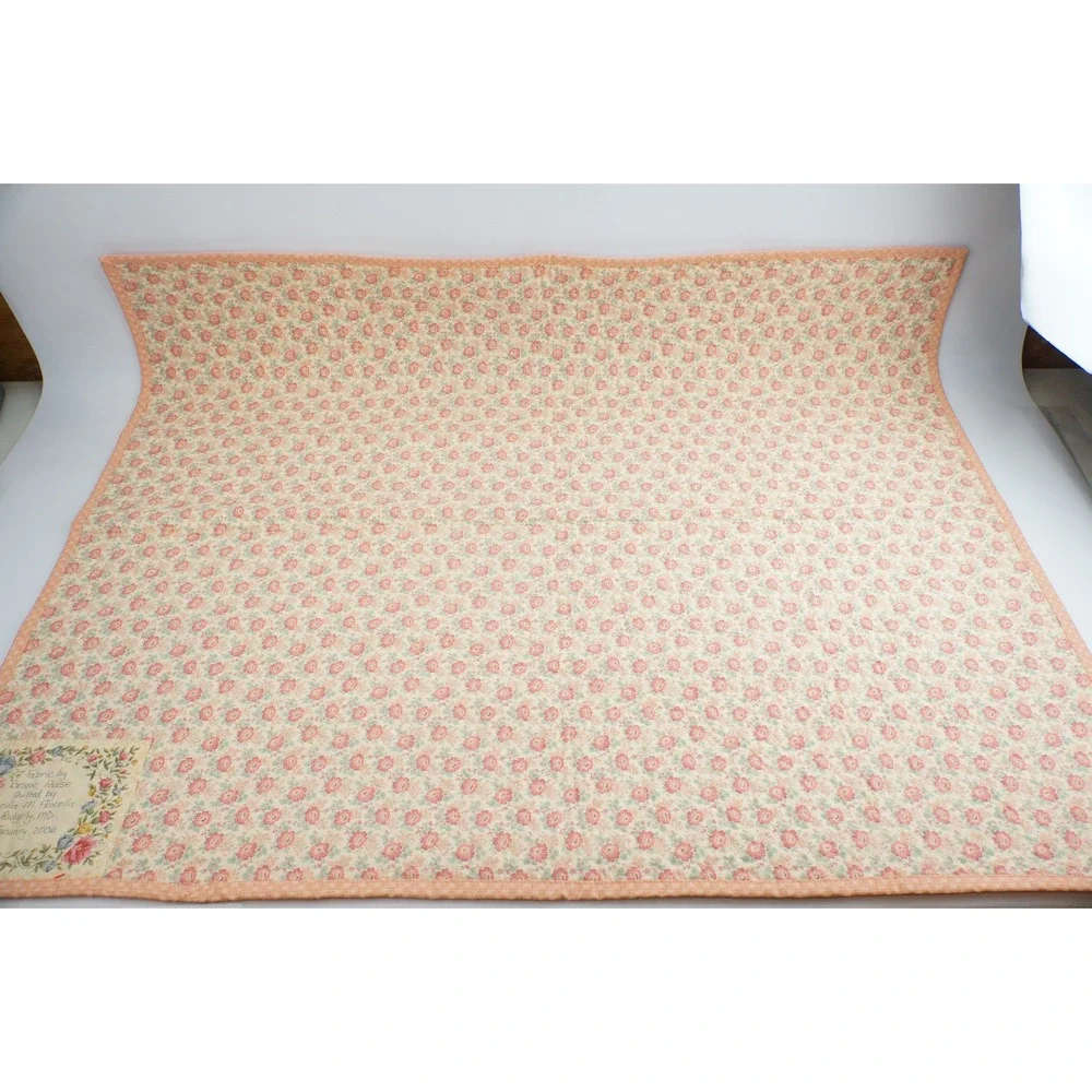 Bessie Pease Handmade Baby Quilt 43x35 Peach Pink Puppy Dog Floral Excellent